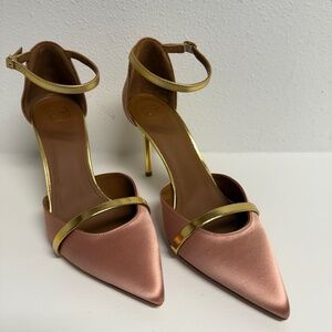 MALONE SOULIERS Booboo 85 metallic leather-trimmed satin pumps size 38